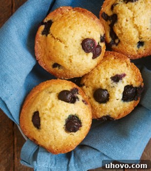 overhead view of Blueberry Muffins in a basket lined with a blue napkin