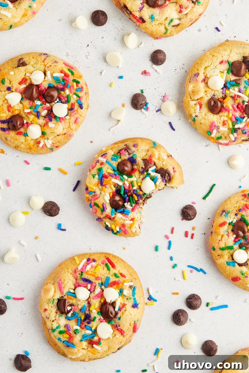 Overhead view of cheerful sprinkle chocolate chip cookies playfully scattered on a bright white countertop, showcasing their vibrant colors and classic appeal.