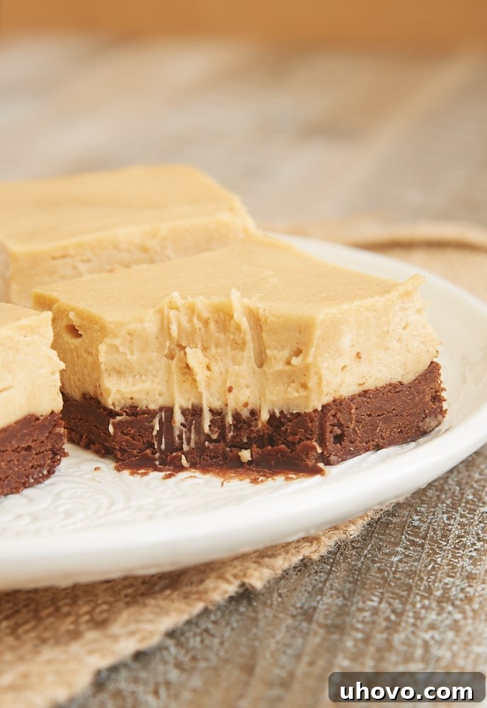 A single slice of Brownie Bottom Peanut Butter Pie Bar with a bite taken out, revealing the distinct brownie and peanut butter layers
