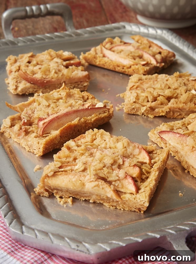 Apple Cinnamon Crumb Bars on a pewter tray