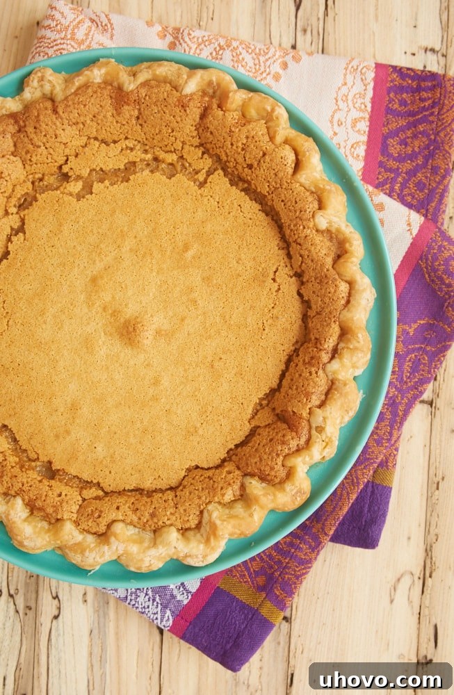 An inviting overhead view of a freshly baked Peanut Butter Chess Pie, perfectly golden brown, resting in a charming green pie plate, ready to be sliced and enjoyed.