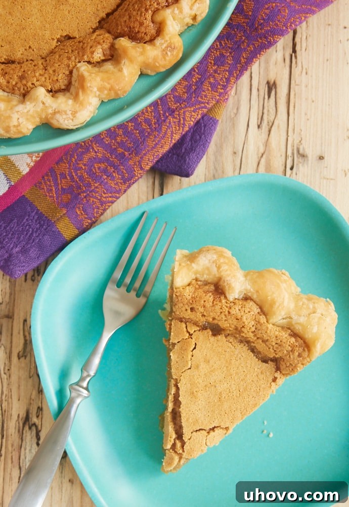 A close-up overhead view of a single slice of Peanut Butter Chess Pie, showcasing its rich, creamy filling and golden crust, presented on a cheerful green plate.