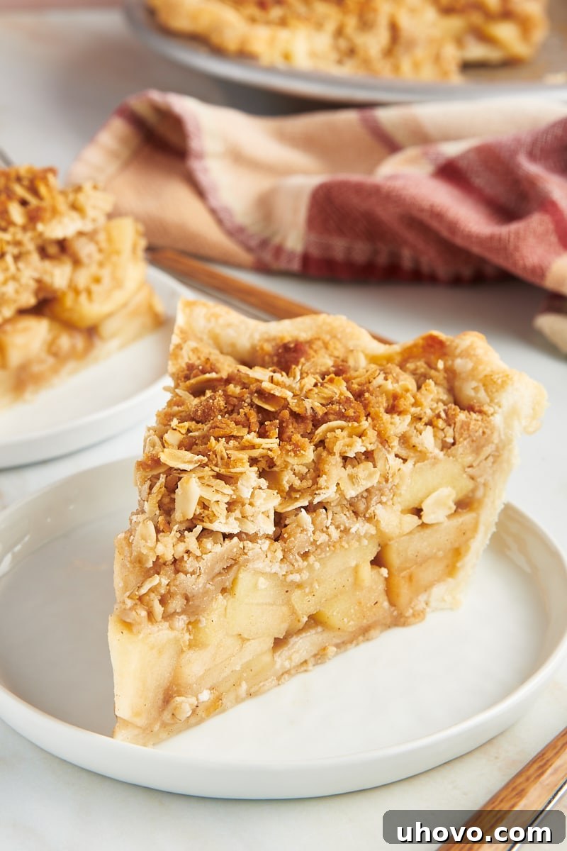 A perfectly baked slice of apple crumb pie on a white plate, with the rest of the pie blurred in the background, showcasing its golden crumble topping and a hint of warm apple filling.
