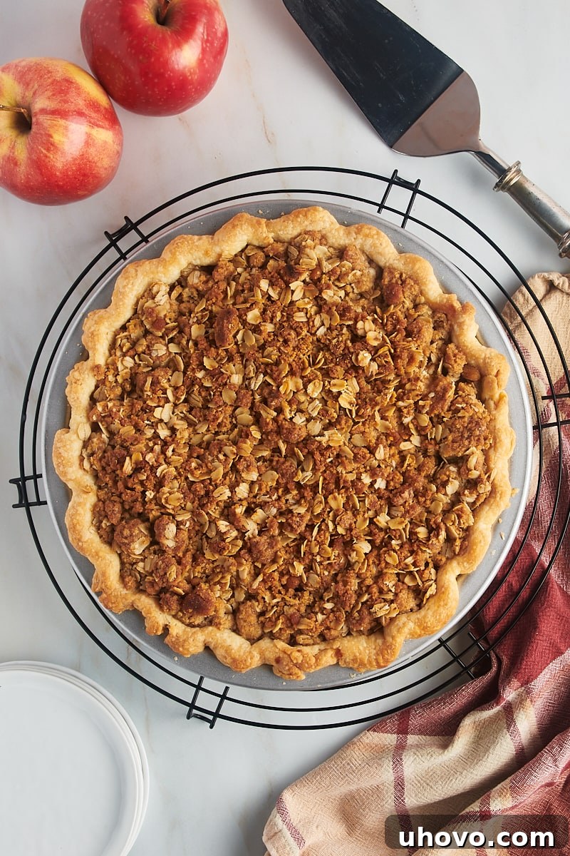Overhead shot of a freshly baked apple crumb pie, still in its metal pie pan, cooling on a round wire rack, steam gently rising, highlighting its golden, crispy topping.