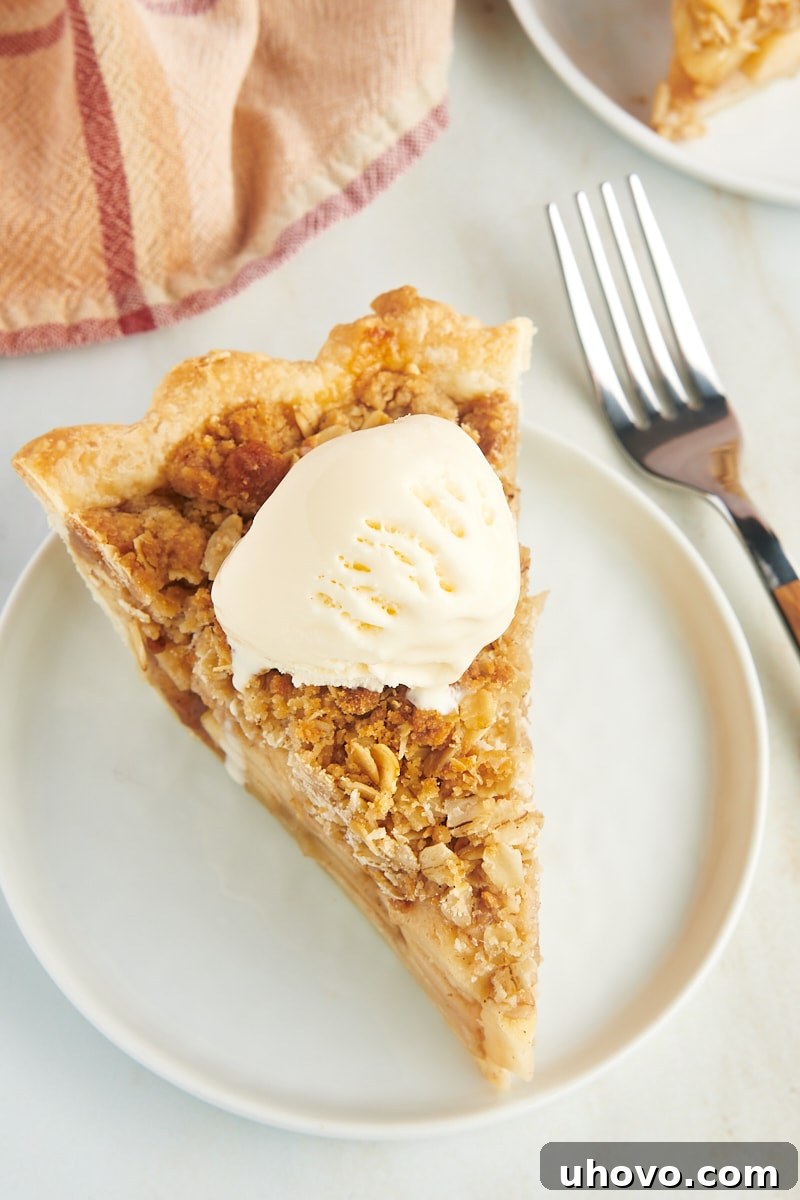 A delectable slice of apple crumb pie, generously topped with a scoop of melting vanilla ice cream, artfully presented on a white plate and ready to be enjoyed.