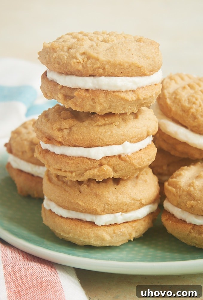 Peanut Butter Marshmallow Sandwich Cookies stacked neatly on a green plate, highlighting the cookie's texture