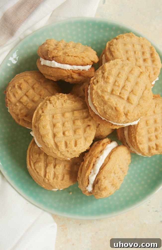 Overhead view of several Peanut Butter Marshmallow Sandwich Cookies on a green plate, showcasing the fluffy marshmallow filling peeking out