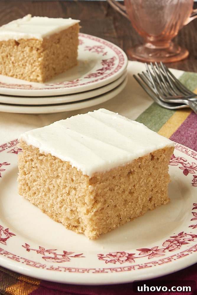 Square of spice cake on plate, with another slice on plate in background