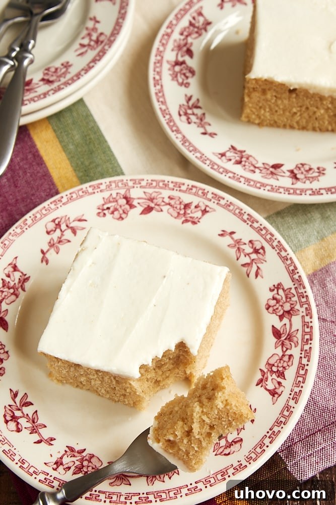 Slices of Brown Sugar Spice Cake on red floral-rimmed plates