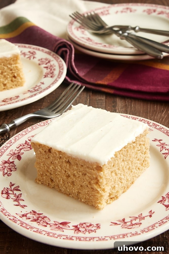 A slice of Spice Cake with Brown Butter Frosting served on a red floral-rimmed white plate