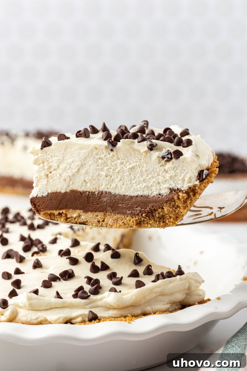 Lifting a perfect slice of chocolate cookie dough cheesecake, showing its distinct layers