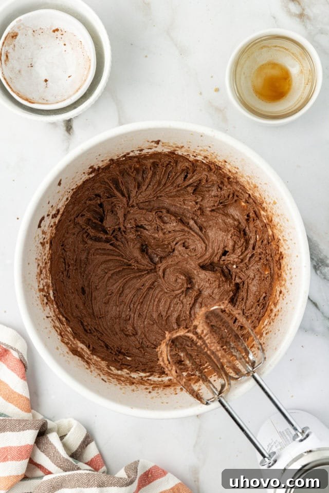 Overhead view of rich chocolate cookie dough mixture in a mixing bowl