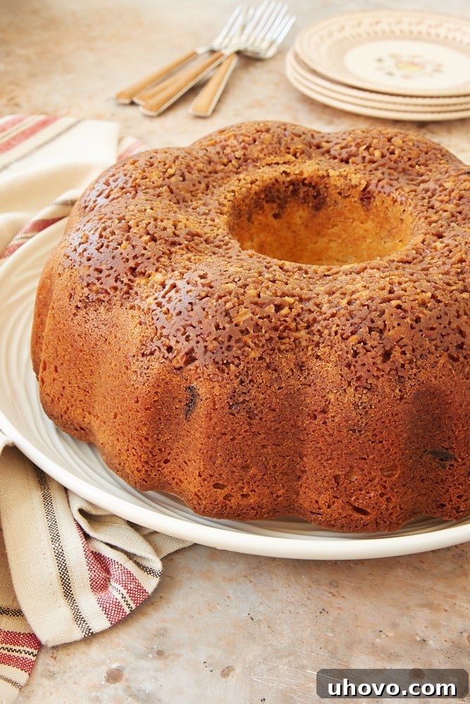 Chocolate Chunk Pecan Crunch Bundt Cake on a white plate