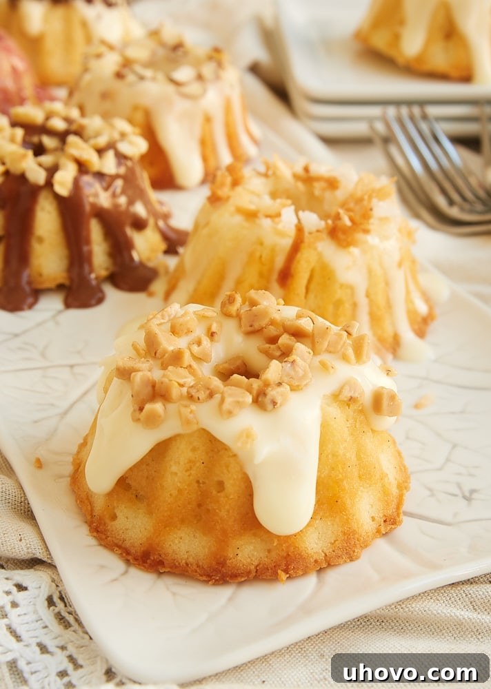 Various Mini Cream Cheese Pound Cakes with different glaze and garnish options.