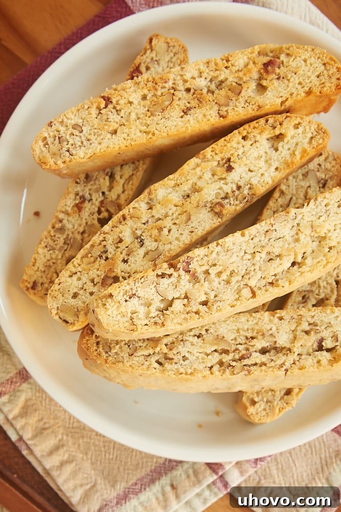 Close-up of freshly baked Bourbon Pecan Biscotti, showing their crunchy texture