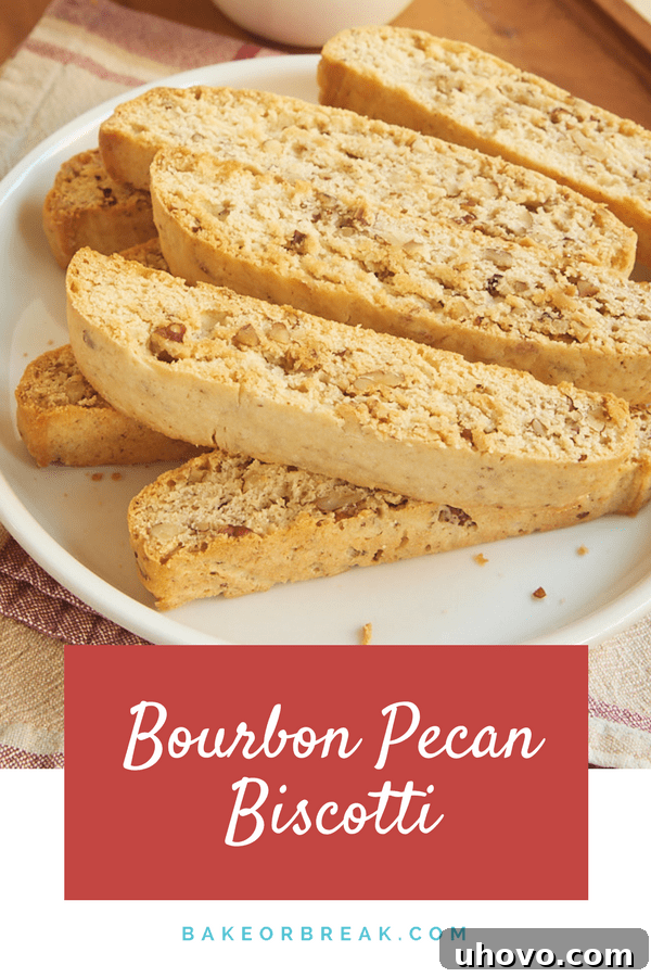 Pin for Bourbon Pecan Biscotti recipe from Bake or Break