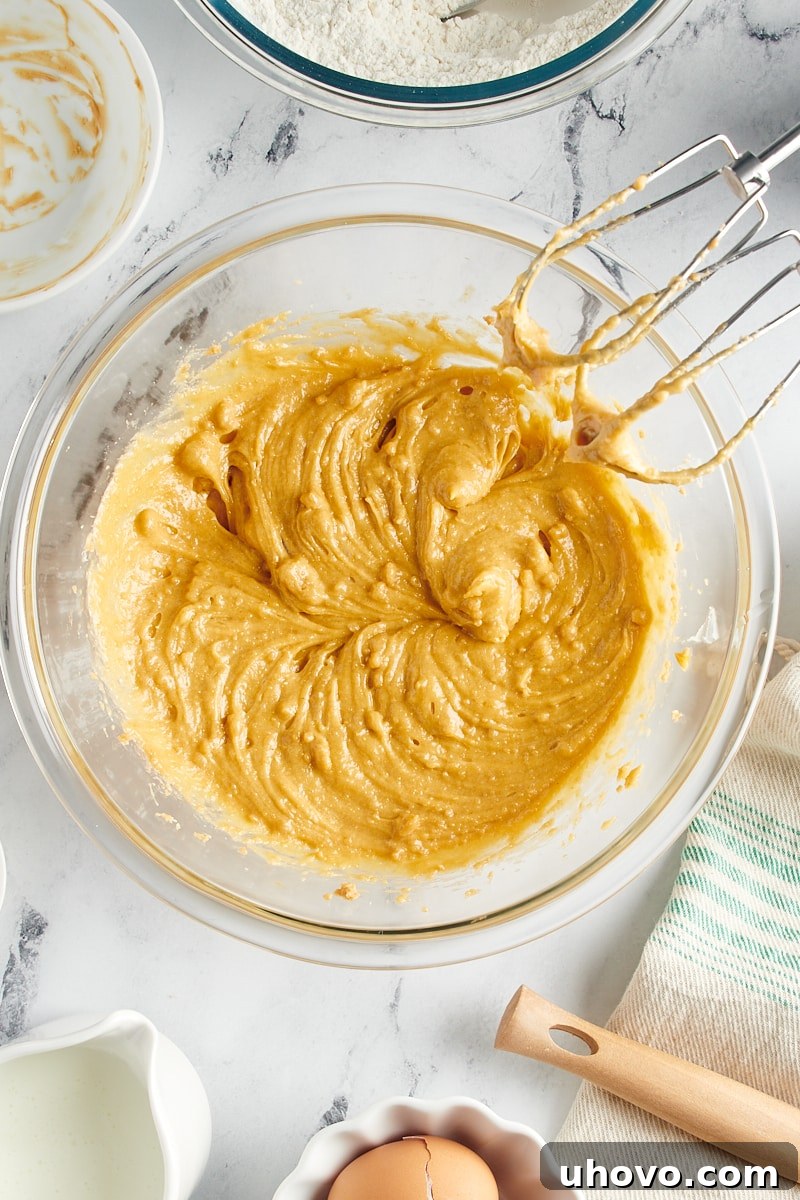 Overhead view of the fully mixed wet ingredients (butter, brown sugar, peanut butter, eggs, vanilla) in a large mixing bowl.