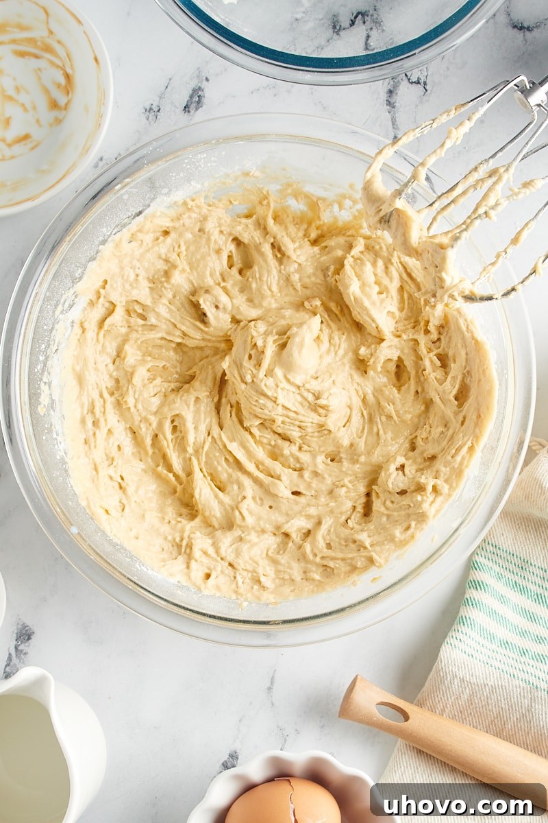 Overhead view of the fully mixed peanut butter bread batter in a mixing bowl, smooth and ready for chocolate chips.