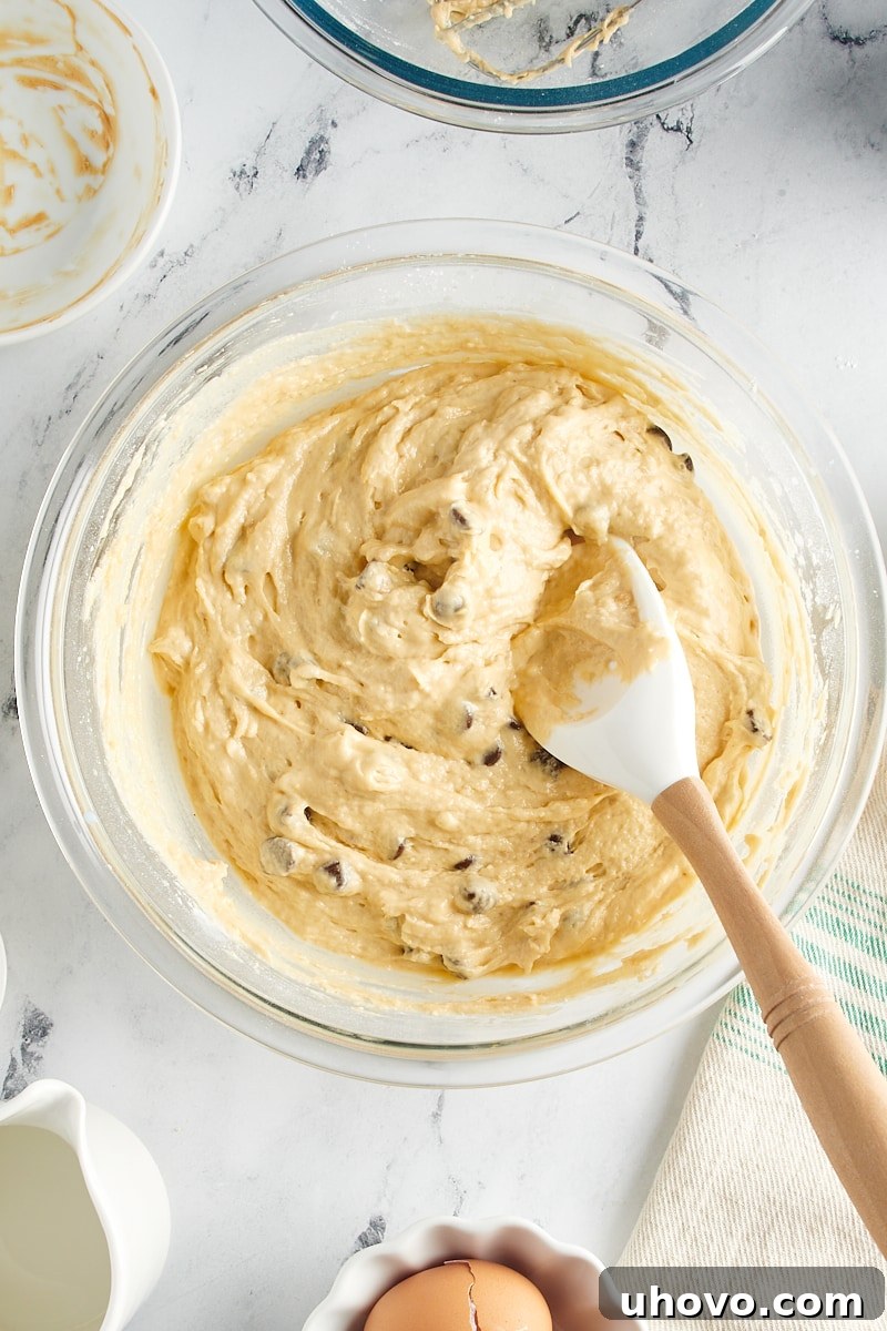 Overhead view of the finished chocolate chip peanut butter bread batter, with chocolate chips evenly folded in.