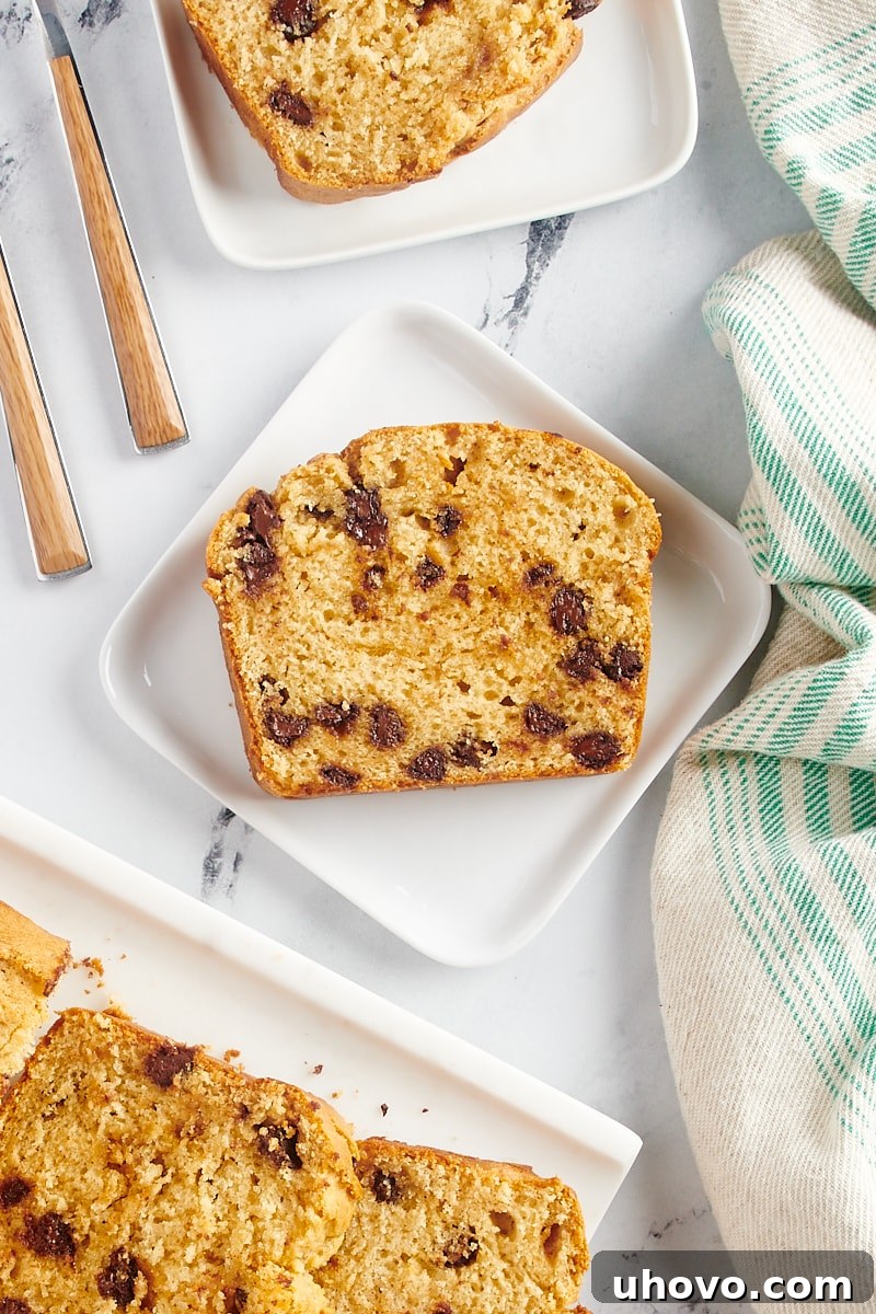 Overhead view of multiple slices of Chocolate Chip Peanut Butter Bread arranged on white plates.