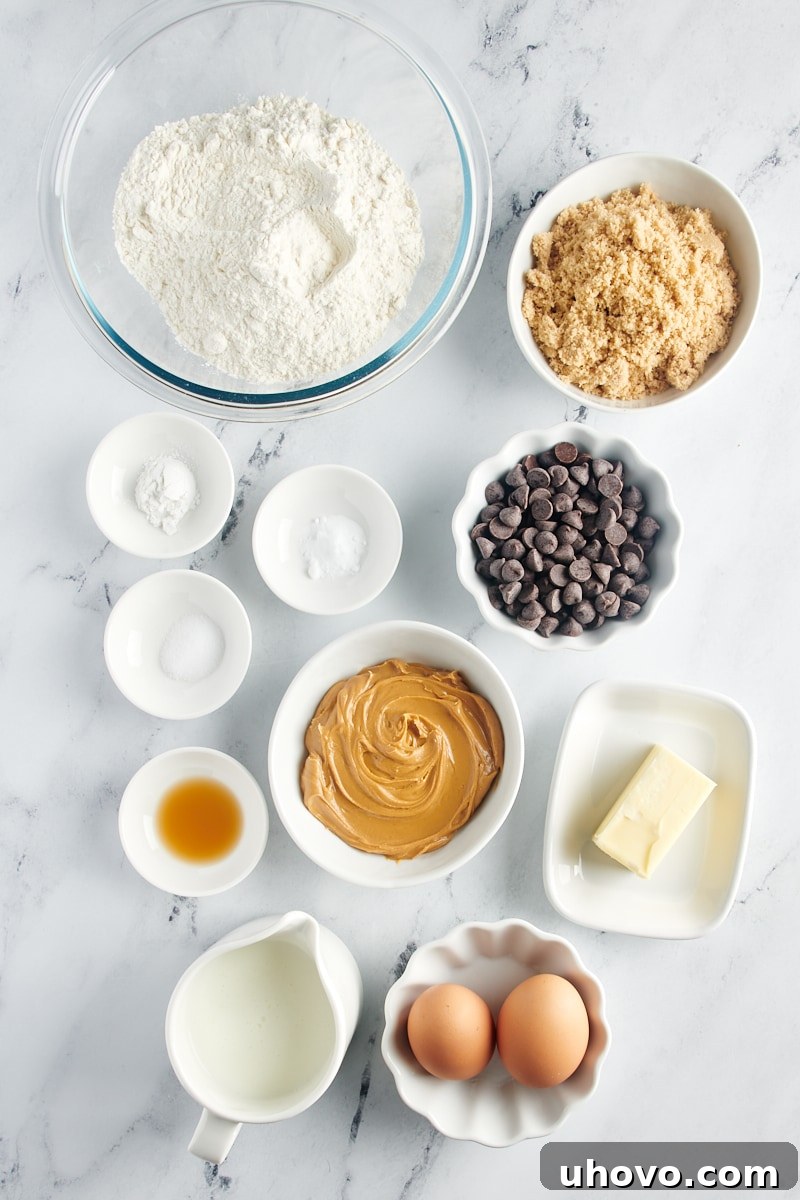 Overhead view of all ingredients for Chocolate Chip Peanut Butter Bread laid out on a white surface before mixing.