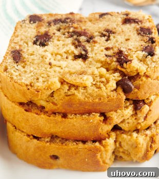 Stack of 3 chocolate chip peanut butter bread slices on plate