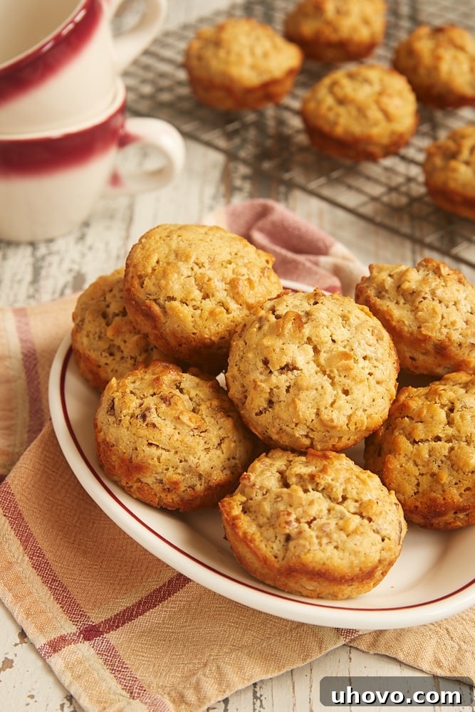 Oat Muffins with Nuts and Seeds on a white plate with more muffins and coffee cups in the background