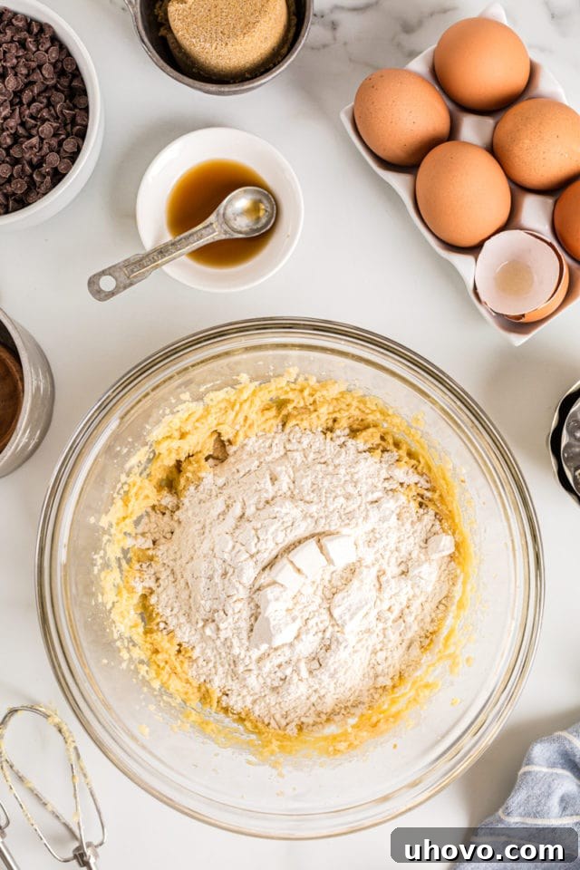 Overhead view of dry ingredients added to wet ingredients in mixing bowl