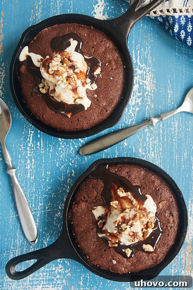 Mini cast iron skillet brownies, a cozy dessert for two