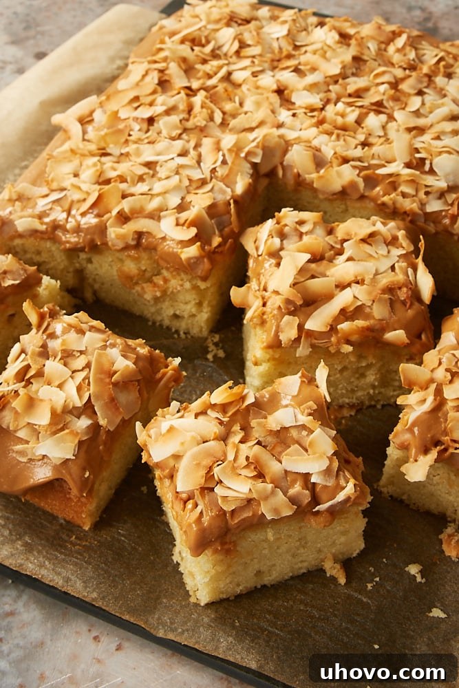 Coconut Cake with a creamy dulce de leche frosting, garnished with toasted coconut flakes