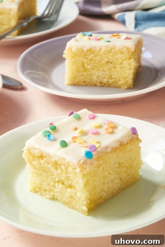 Classic Vanilla Cake with smooth vanilla frosting and sprinkles