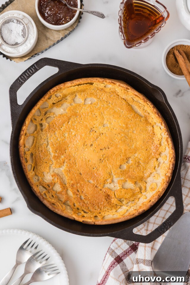 overhead view of a freshly baked, puffed, and golden Dutch baby pancake in a cast iron skillet
