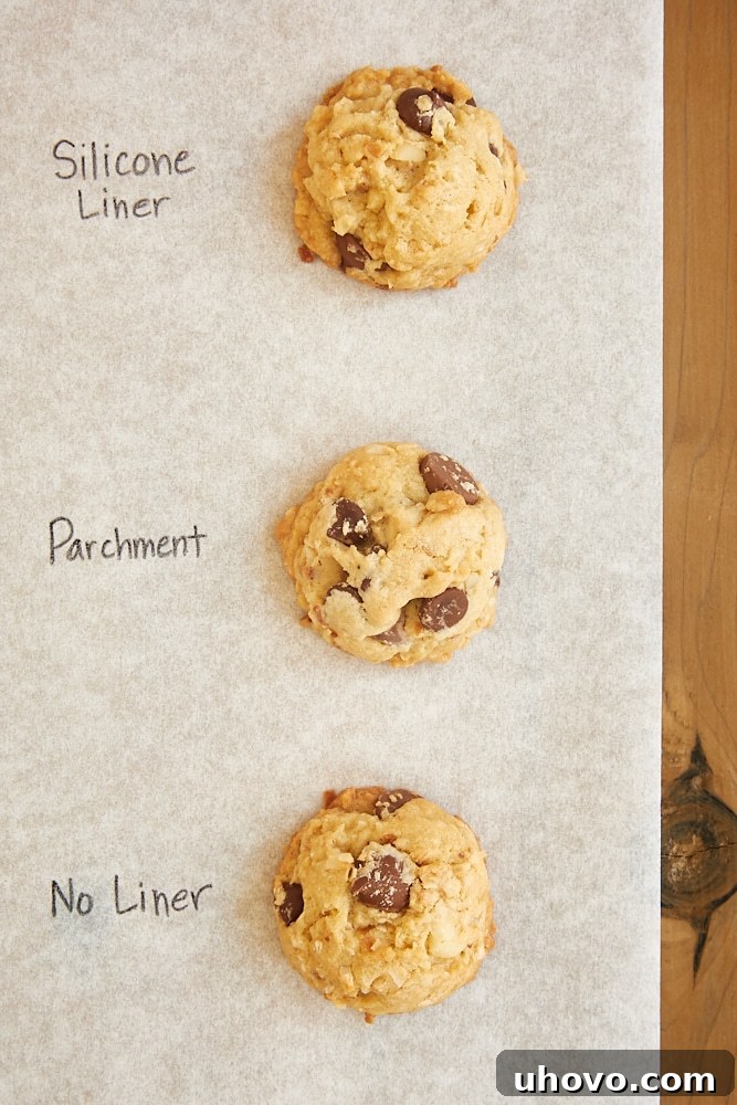 Overhead view of various cookies baked on different surfaces, showing subtle differences in spread.