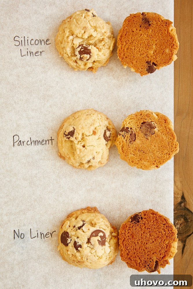 Selection of freshly baked cookies on different baking surfaces, showcasing varying results.