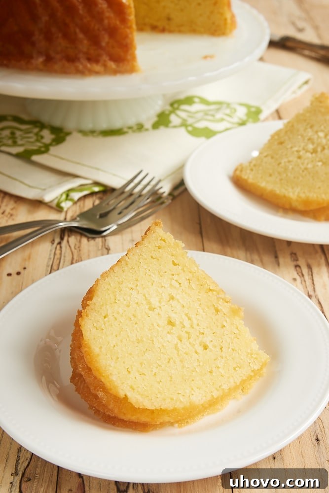A perfectly sliced piece of Key Lime Bundt Cake ready to be enjoyed