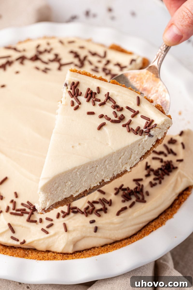 A slice of creamy no-bake Bailey's cheesecake being lifted from the pie plate with a silver pie server, with the rest of the cheesecake visible in the background.