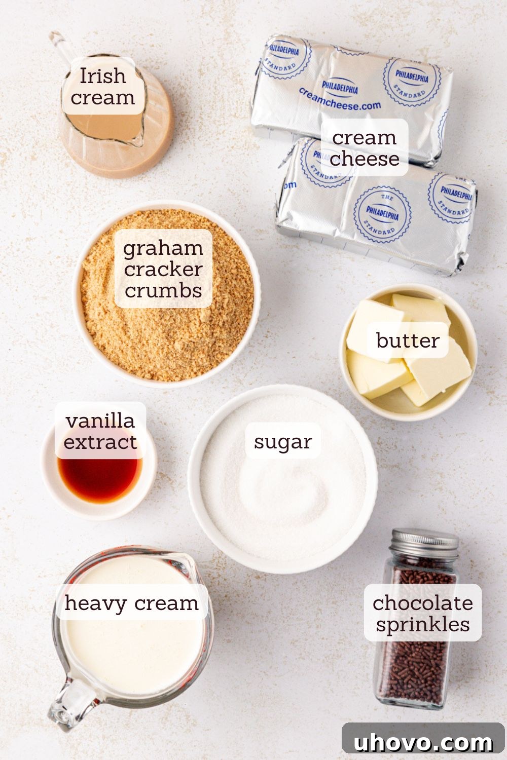 An overhead view showcasing all the key ingredients neatly laid out on a clean surface, ready for preparing the no-bake Bailey's cheesecake.