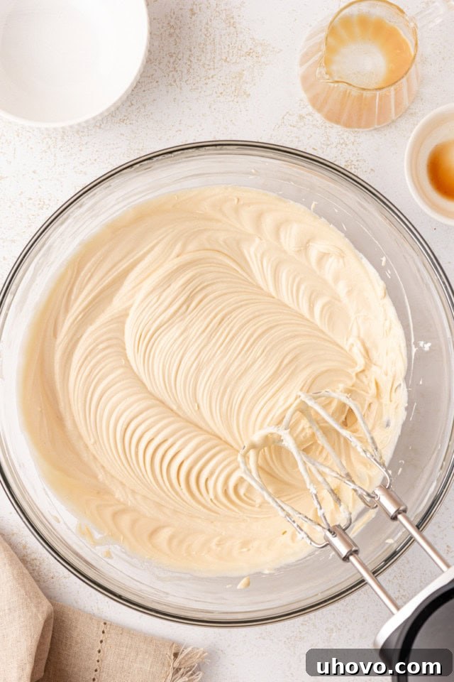 A bowl containing a creamy mixture of softened cream cheese, sugar, Bailey's Irish Cream, and vanilla extract, thoroughly blended.