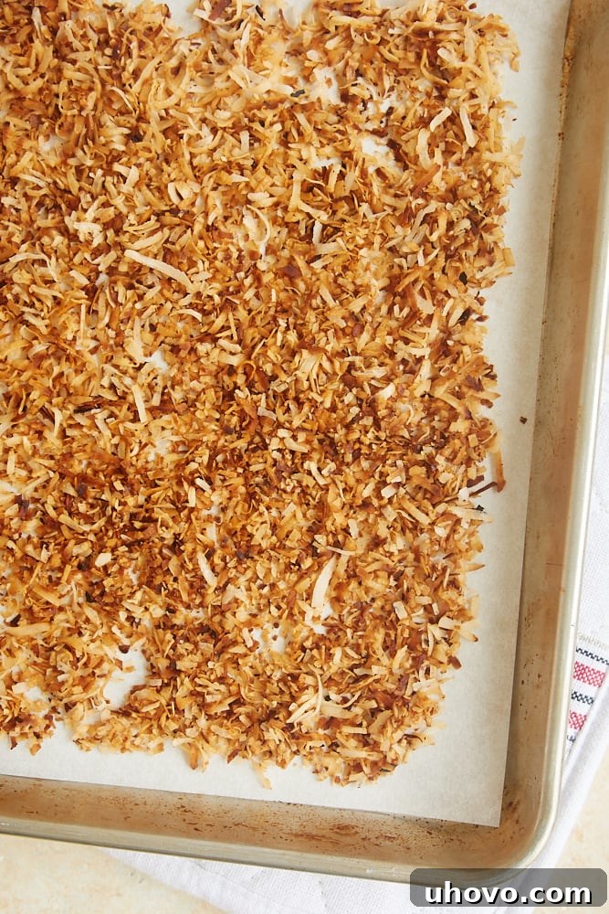 perfectly toasted coconut on a rimmed baking sheet