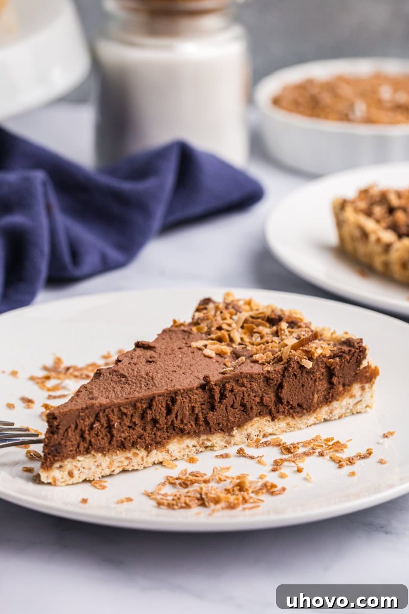 A perfectly sliced chocolate mousse pie on a white plate, showcasing its rich, creamy filling and golden, crisp crust, garnished with toasted coconut flakes.