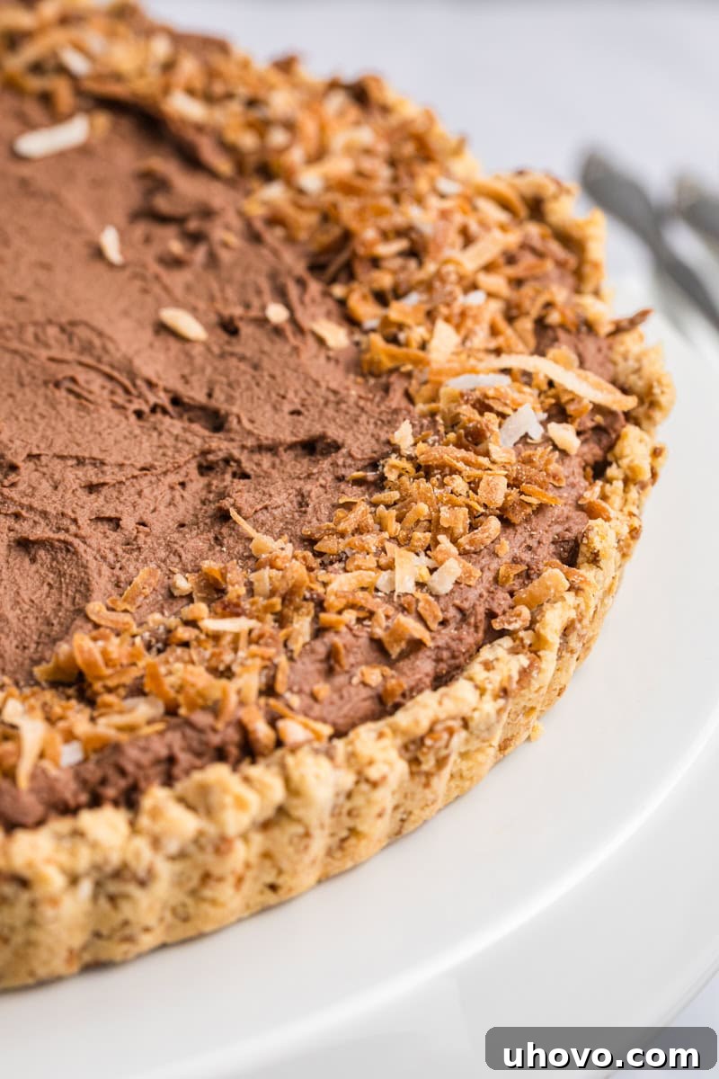 A close-up view of a chocolate mousse pie, highlighting its smooth, dark chocolate filling and the textural toasted coconut crust, ready for a taste.