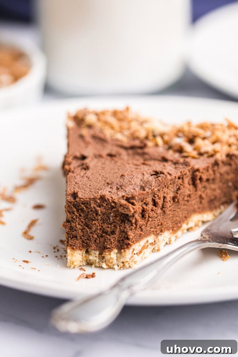 A close-up of a slice of chocolate mousse pie, showing a bite taken, revealing the airy texture of the mousse and the crisp crust.