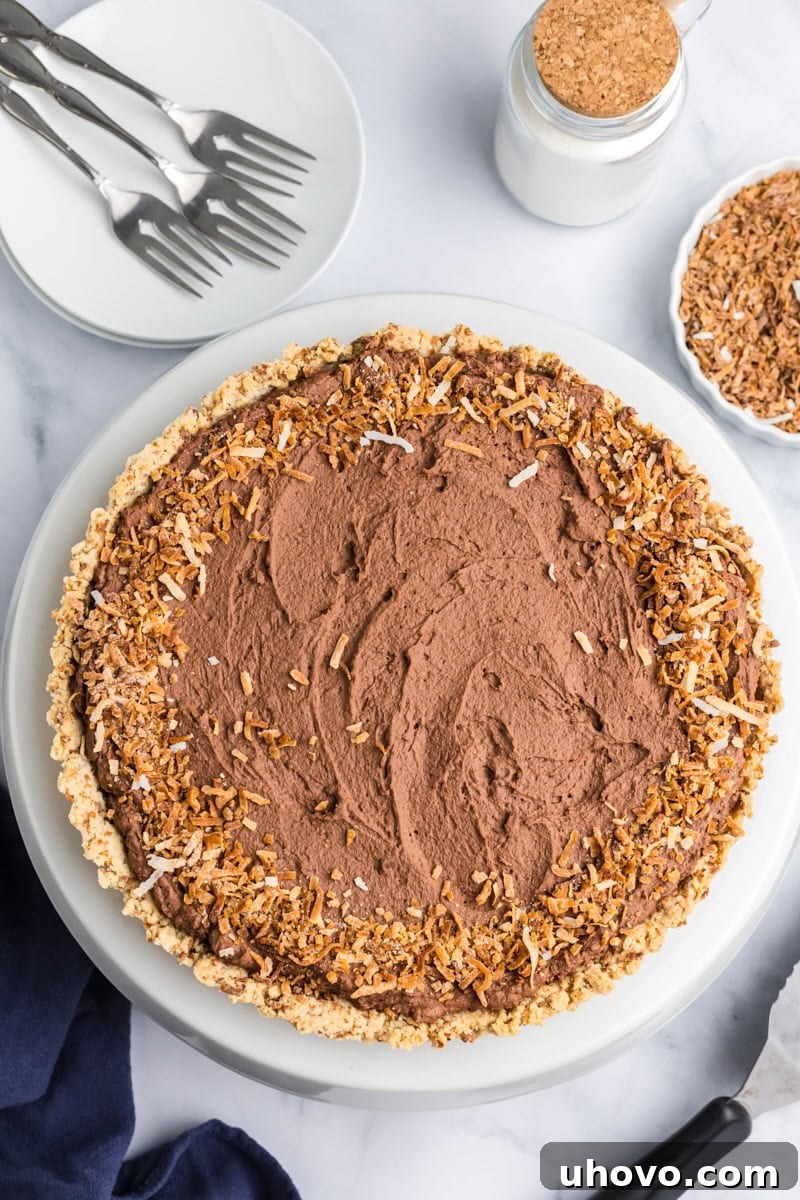 An overhead view of a beautifully prepared chocolate mousse pie, generously topped with golden toasted coconut, ready to be served.