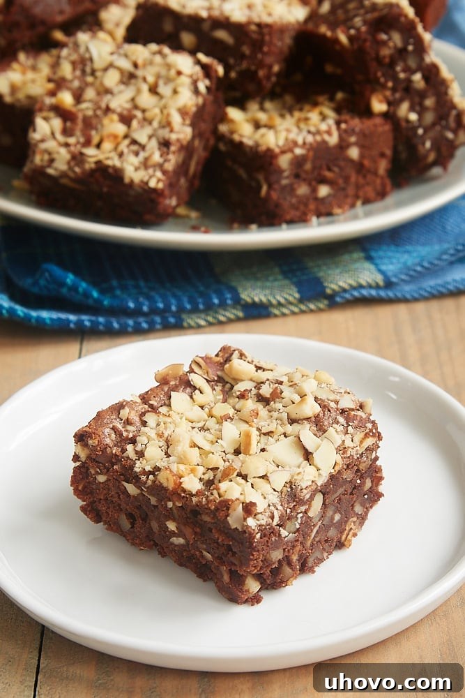 A close-up shot of an Extra Nutty Brownie on a small plate, showing its rich texture and abundant nuts.