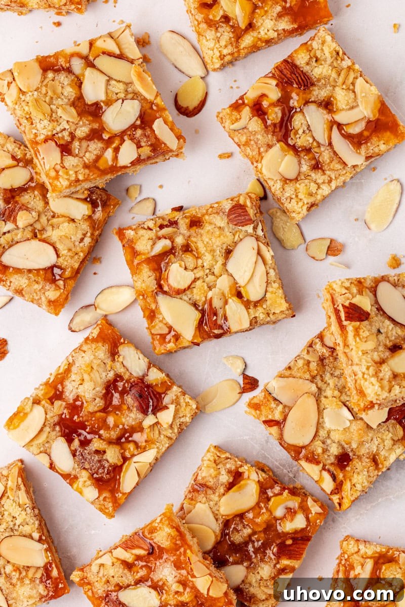 overhead view of apricot bars on a white surface