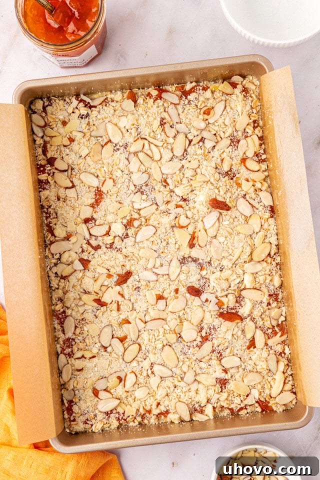 overhead view of assembled apricot bars ready to go into the oven