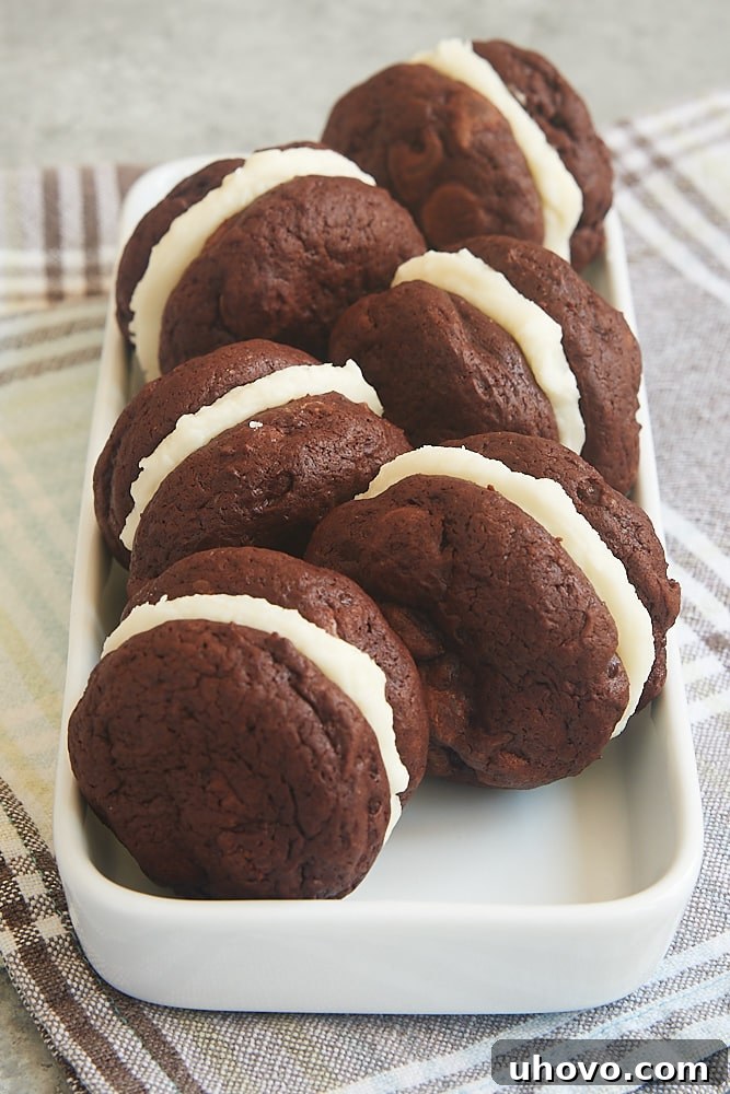 A close-up shot of several finished Brownie Cookie Sandwiches neatly arranged on a tray, highlighting the dark chocolate cookies and the thick white frosting.