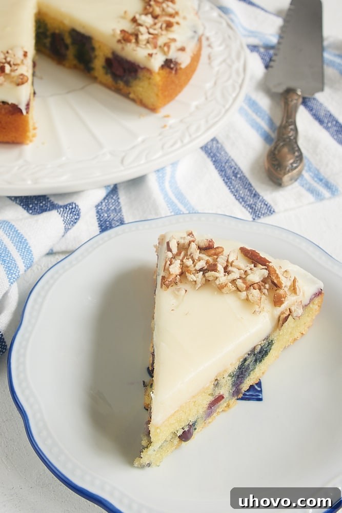 Close-up shot of a single slice of Blueberry Snack Cake, topped with a delicate swirl of cream cheese frosting