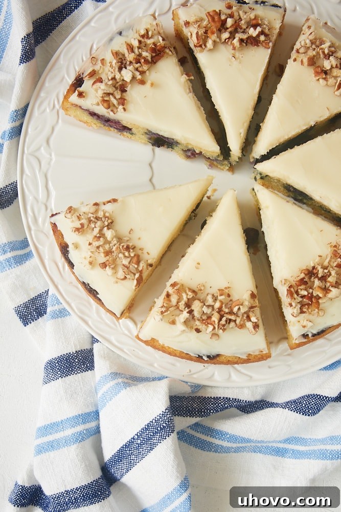 slices of Blueberry Snack Cake with Cream Cheese Frosting on a white serving plate