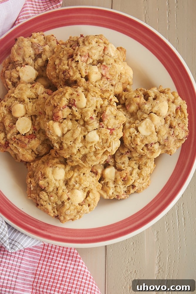 Perfectly baked Strawberry White Chocolate Oatmeal Cookies arranged neatly on a festive red-rimmed plate, showcasing their inviting texture and delicious mix-ins.